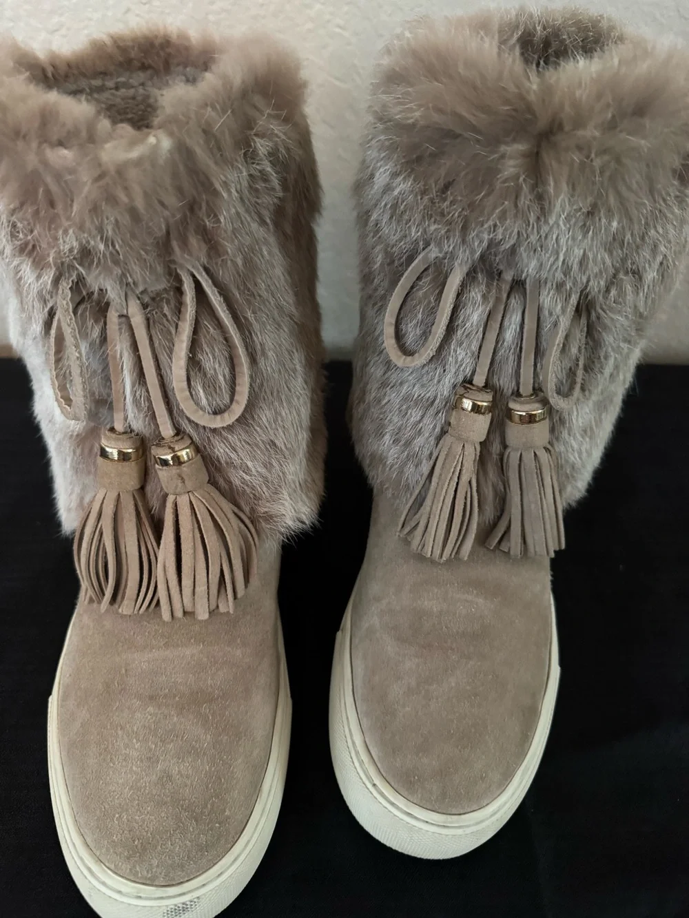 Tory Burch Taupe Faux Fur Tassel Ankle Booties